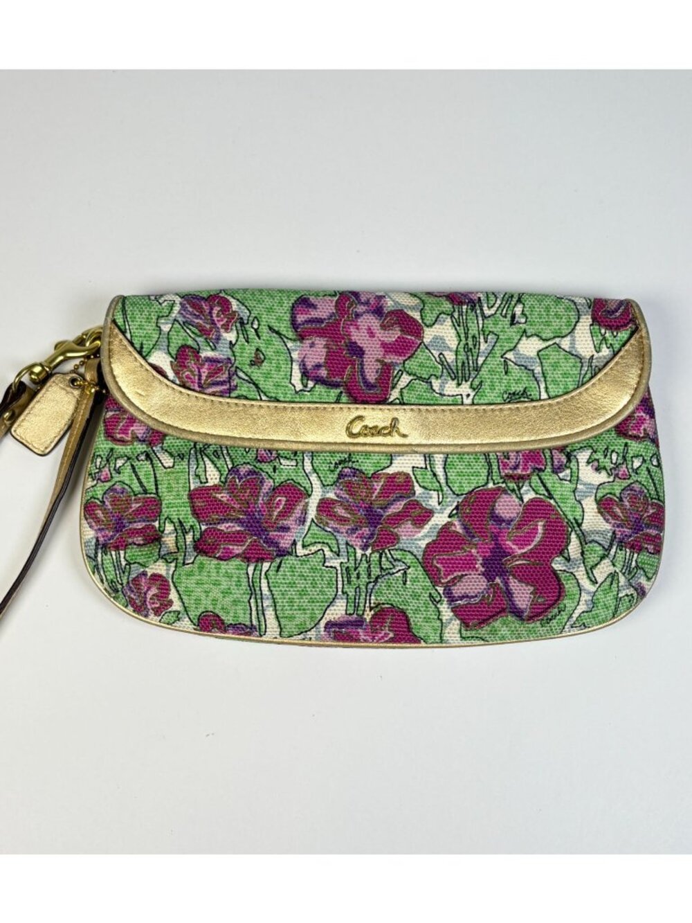 Coach Ashley Iris Floral Flap Clutch Wristlet Canvas Leather Vintage